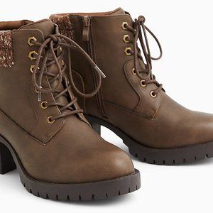 TORRID COGNAC FAUX LEATHER SWEATER-TRIMMED HIKER BOOT (WW)